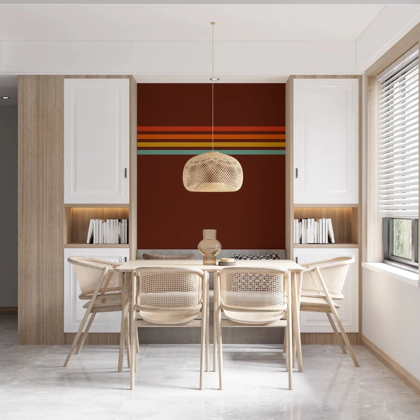 Dining room wall with Retro Stripe Horizon wall mural and warm horizontal lines, GD9265