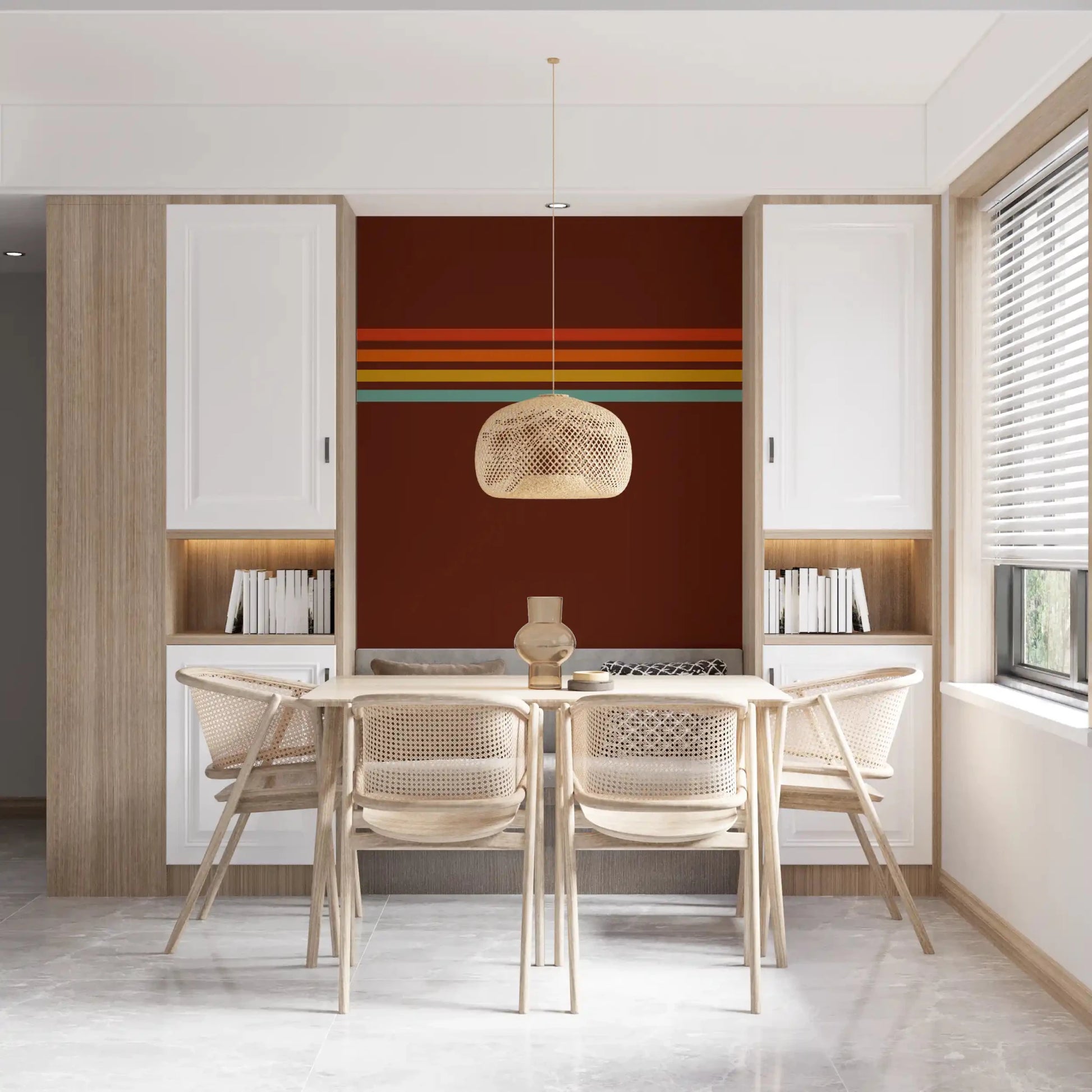 Dining room wall with Retro Stripe Horizon wall mural and warm horizontal lines, GD9265
