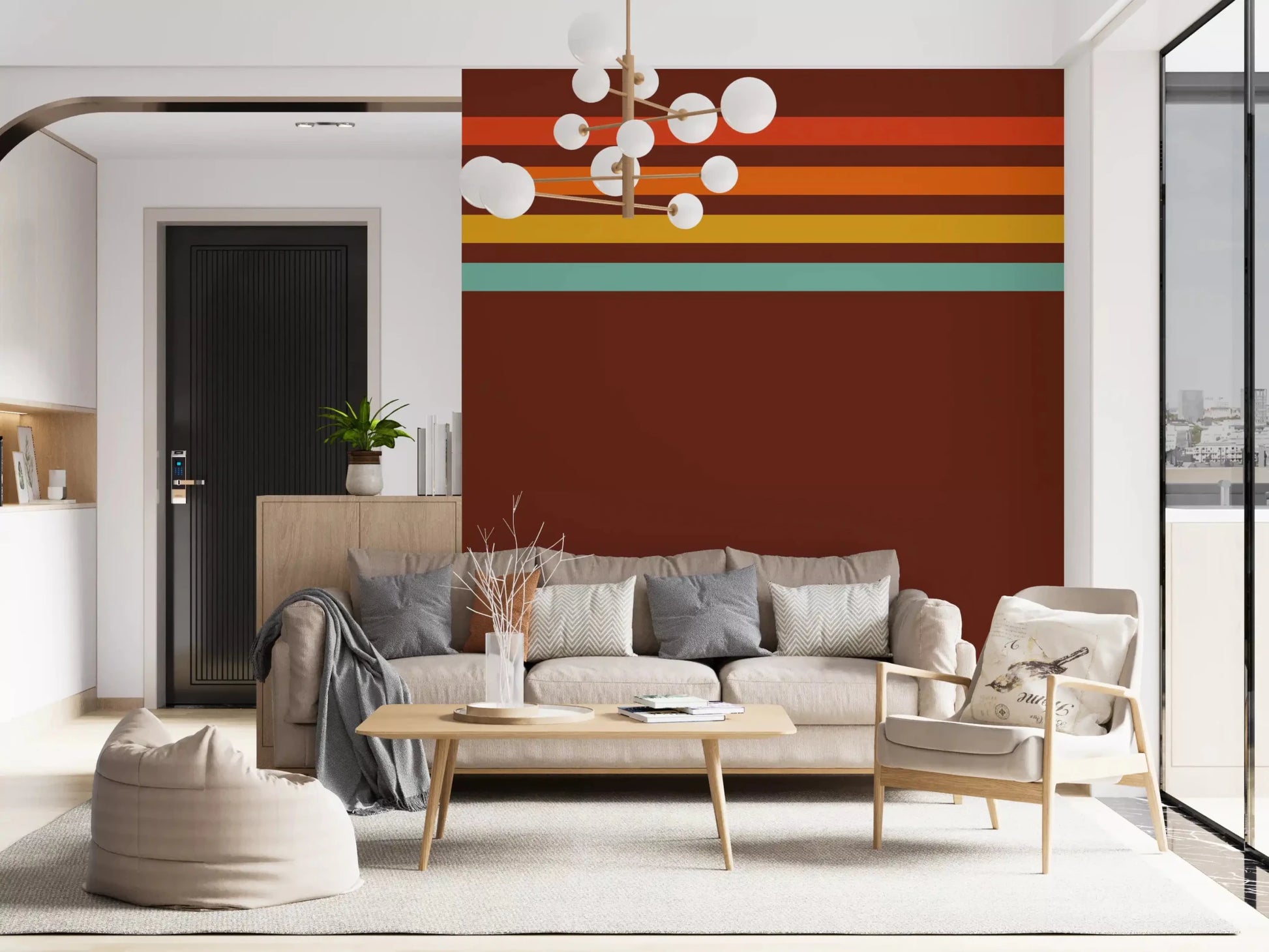 Graphic rust wall mural with Retro Stripe Horizon and subtle banded contrast, GD9265