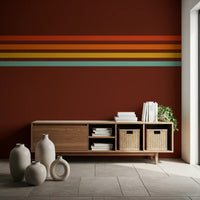 Retro Stripe Horizon wall mural with narrow bands on a deep rust background, GD9265