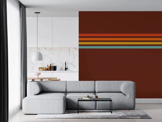 Living room with Retro Stripe Horizon wall mural in warm rust and yellow bands