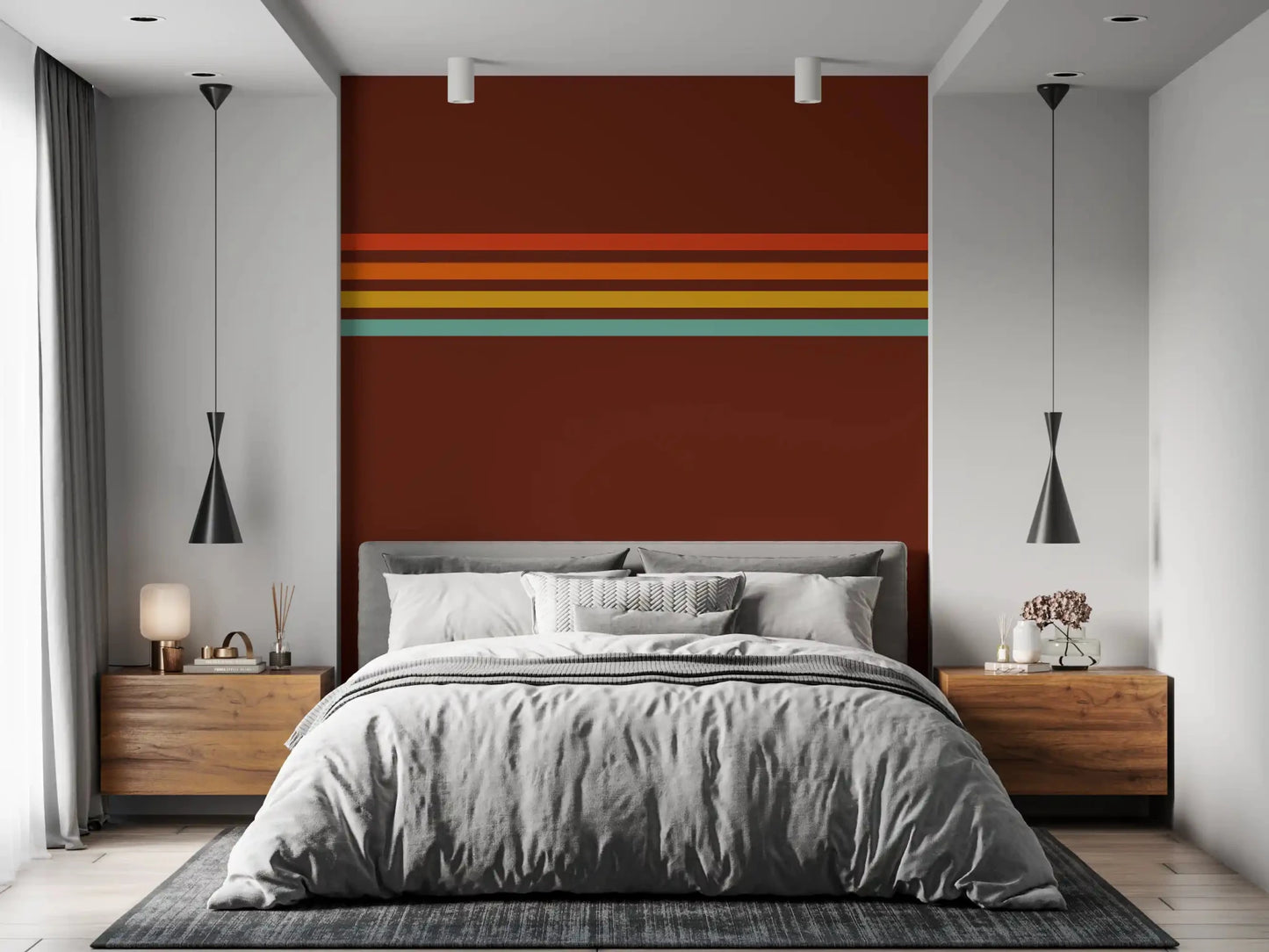 Bedroom styled with Retro Stripe Horizon wall mural and fine linear detail, GD9265