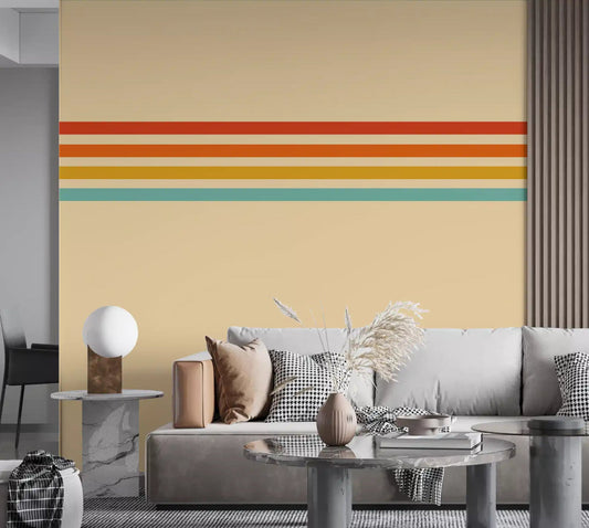 Living room with Retro Stripe Revival wall mural and a clean retro banded look
