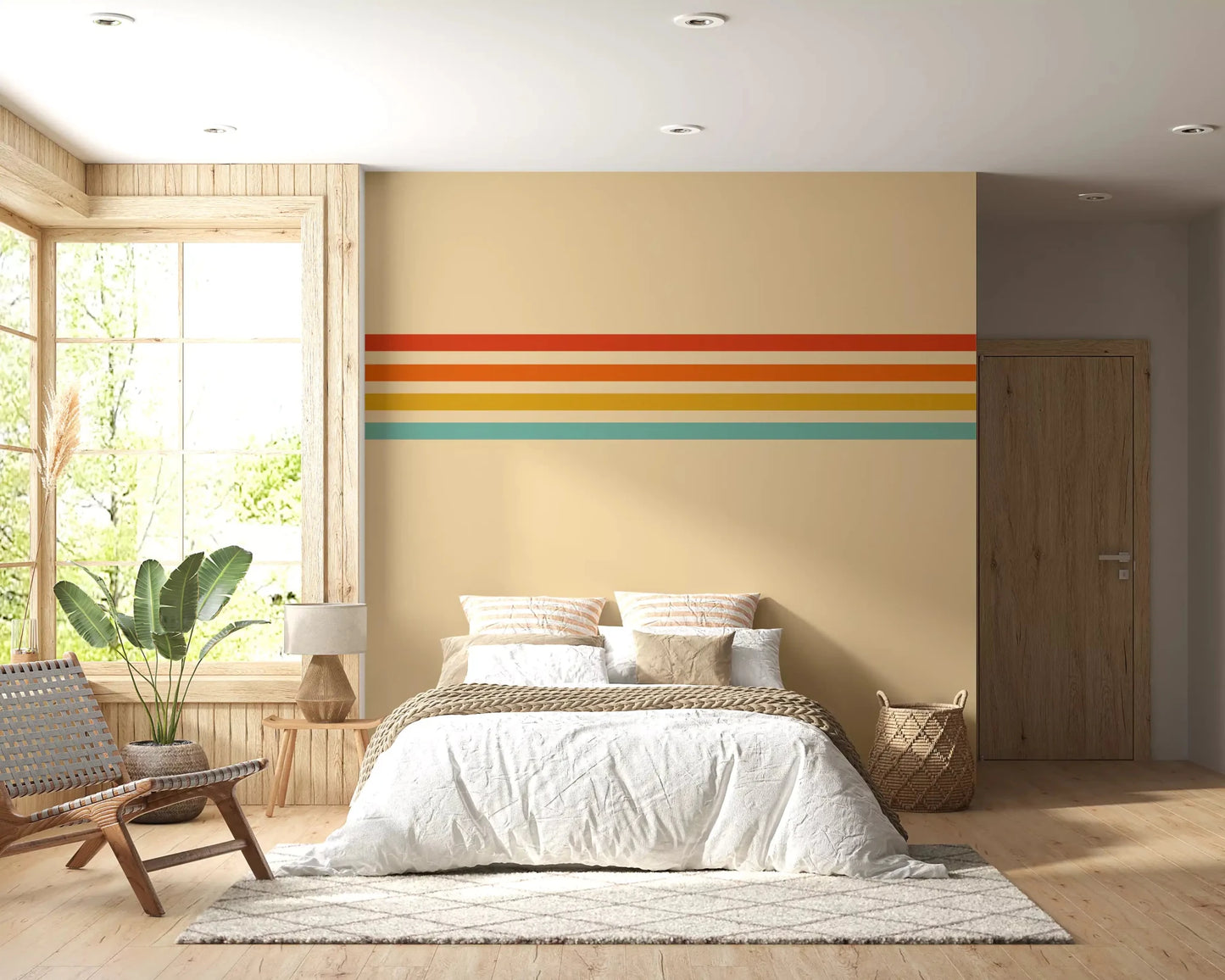 Bedroom wall styled in Retro Stripe Revival wall mural with layered stripe detail, GD9264