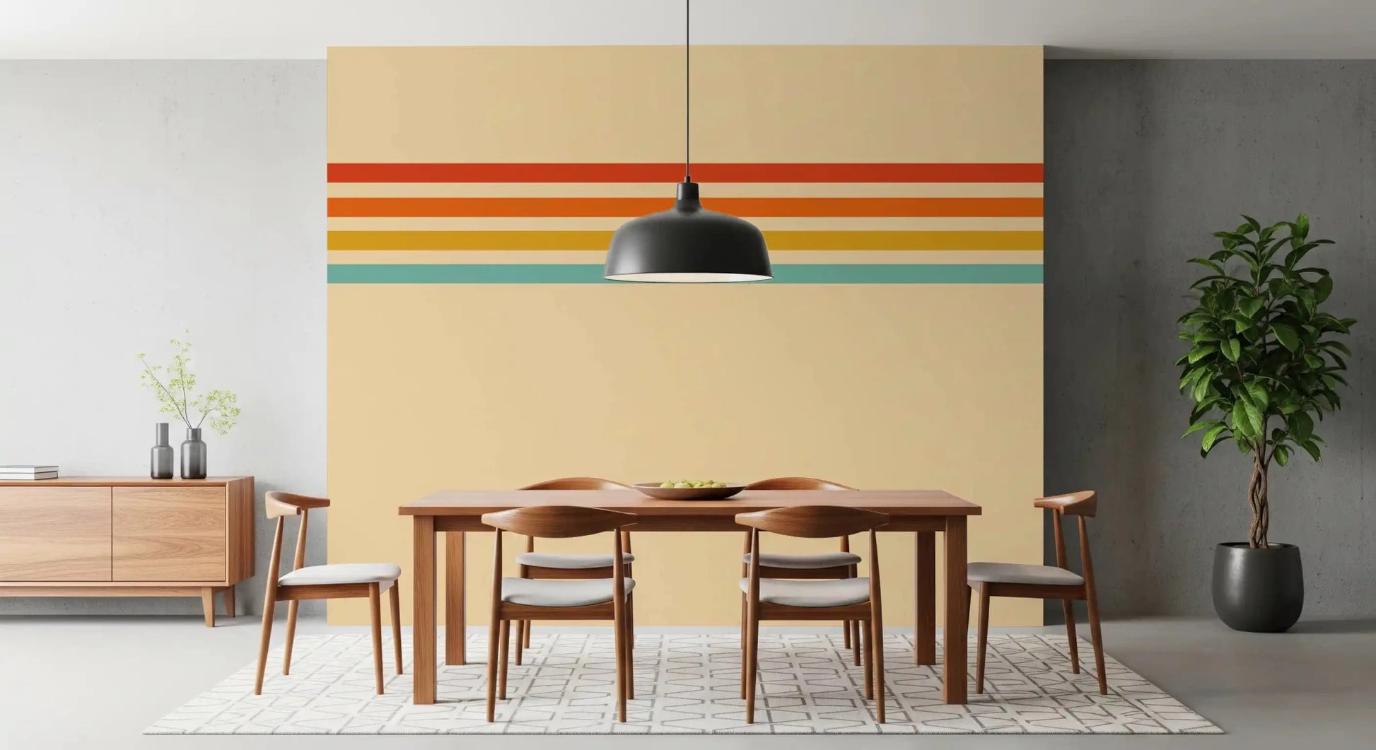 Dining room space with Retro Stripe Revival wall mural and structured stripe bands, GD9264
