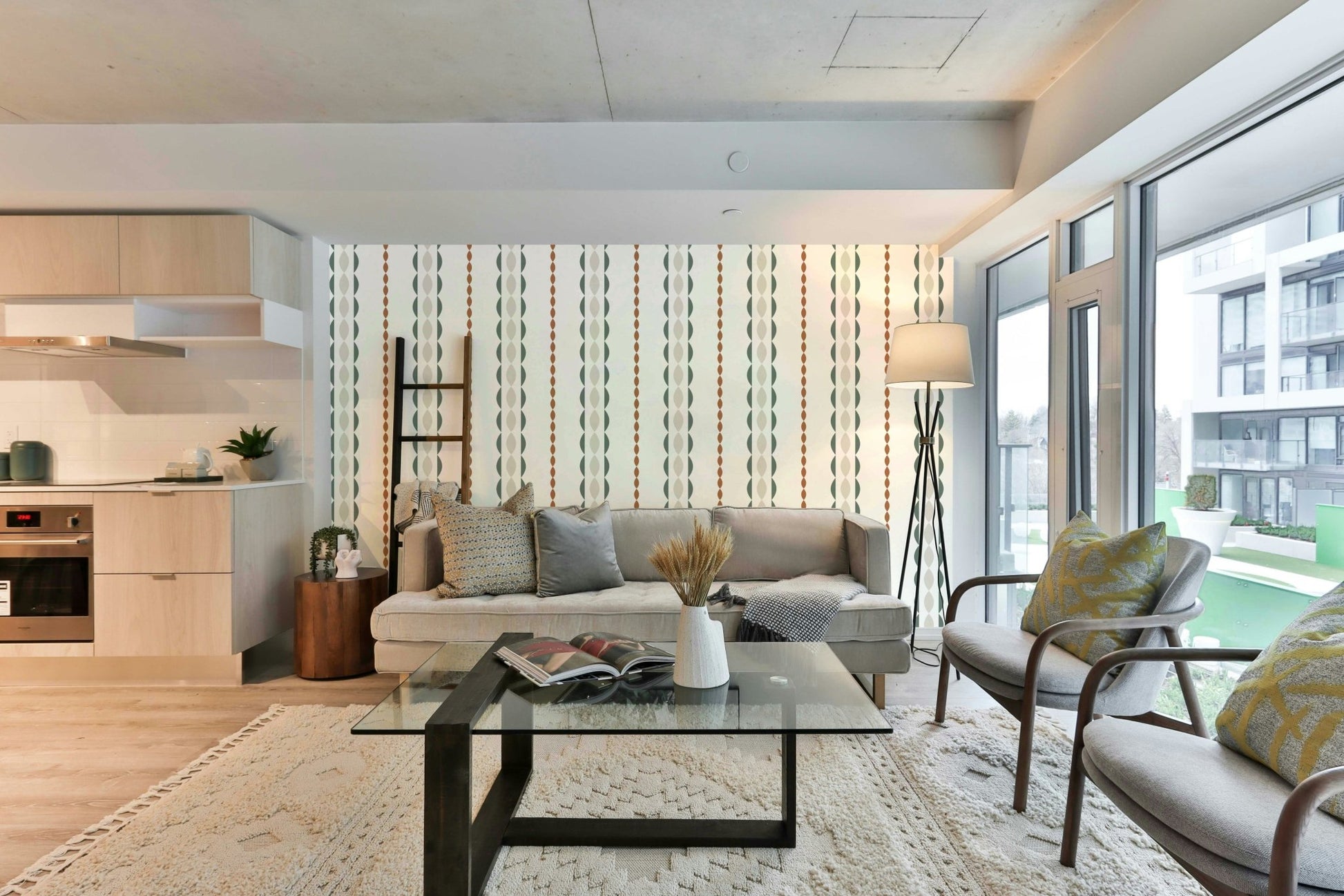 Scenic wallpaper with cartoon shapes and colors

