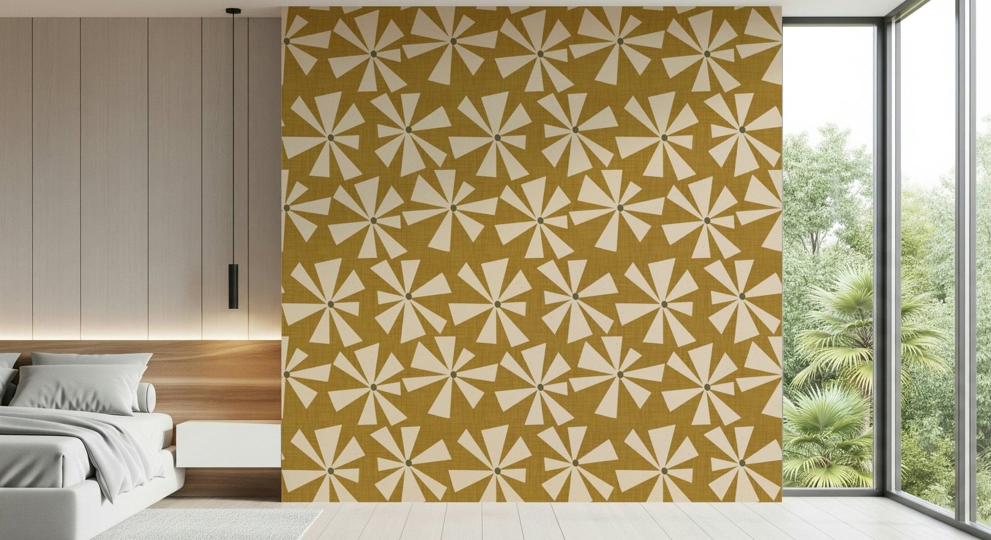 Fawn sunburst bloom, sprocketed Retro Wallpaper, dandy wall covering.