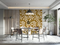 Mustard wall mural, effervescent Retro Sunburst Bloom, pinwheel delight.