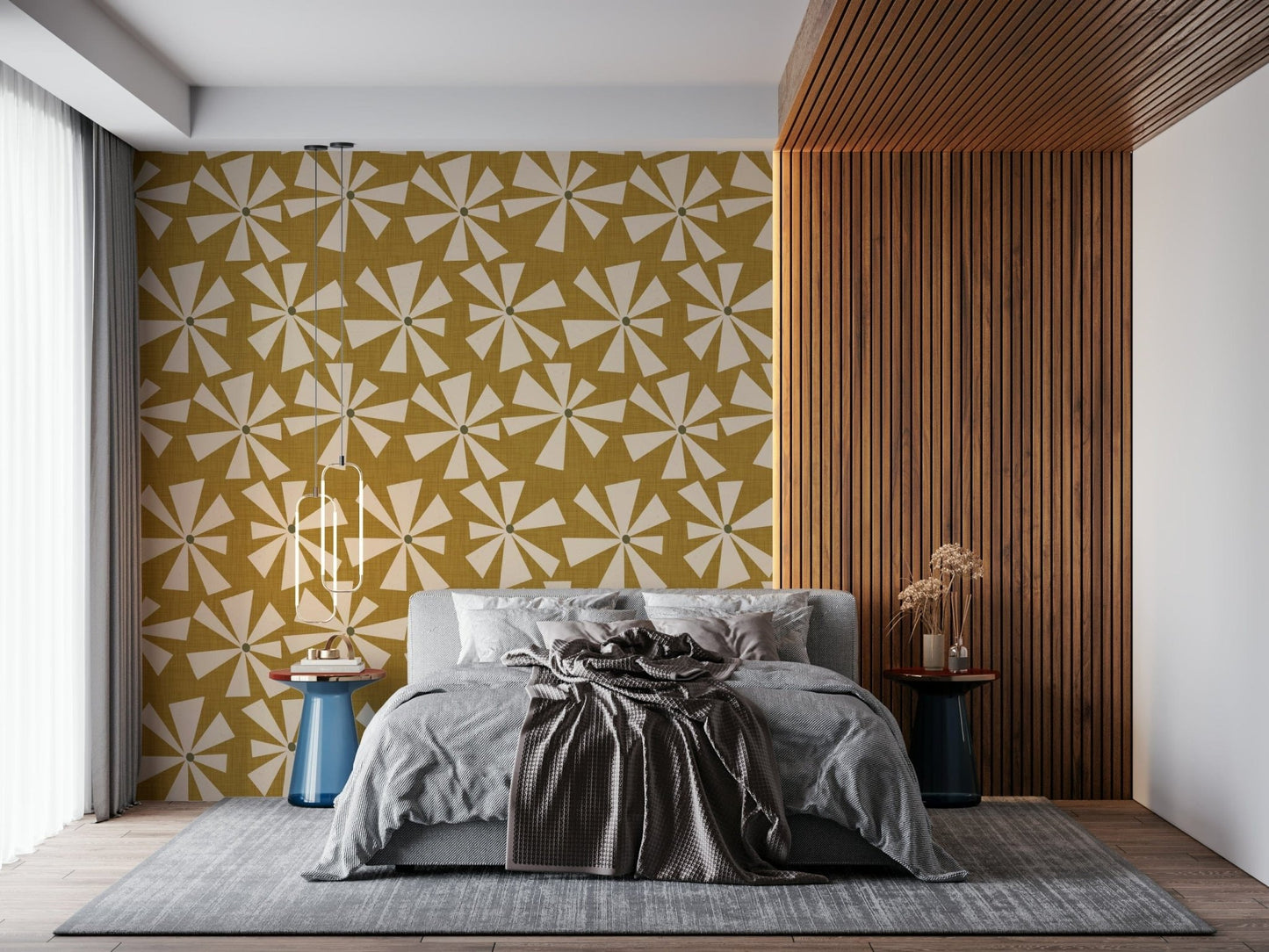 Whimsy Retro Sunburst Bloom Wallpaper for walls, khaki texture.