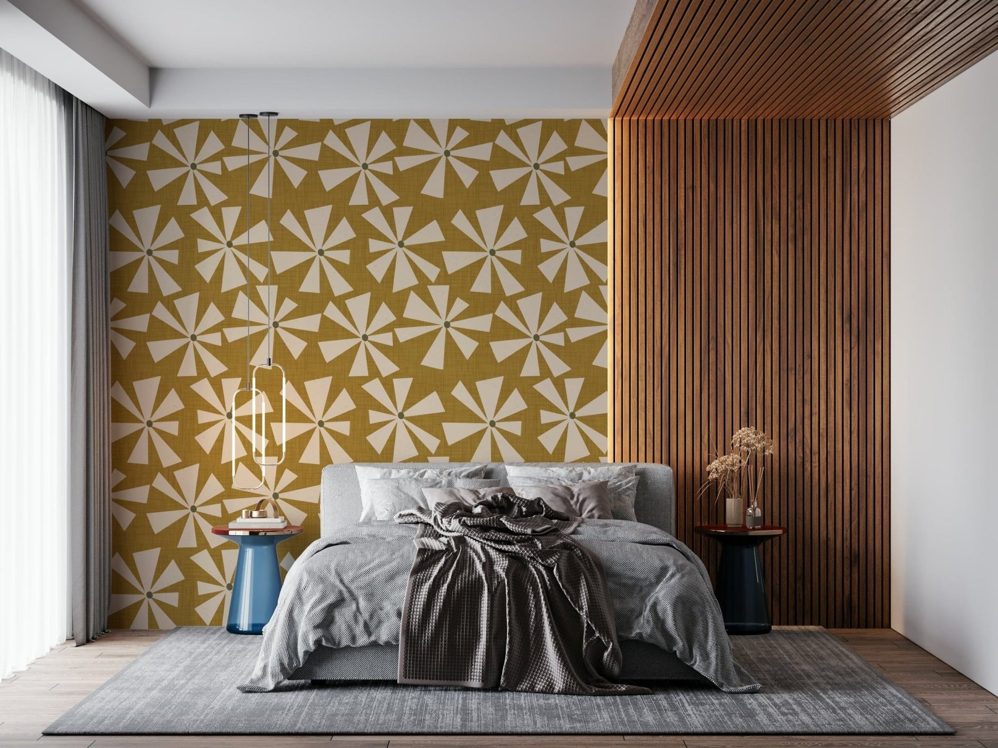 Whimsy Retro Sunburst Bloom Wallpaper for walls, khaki texture.