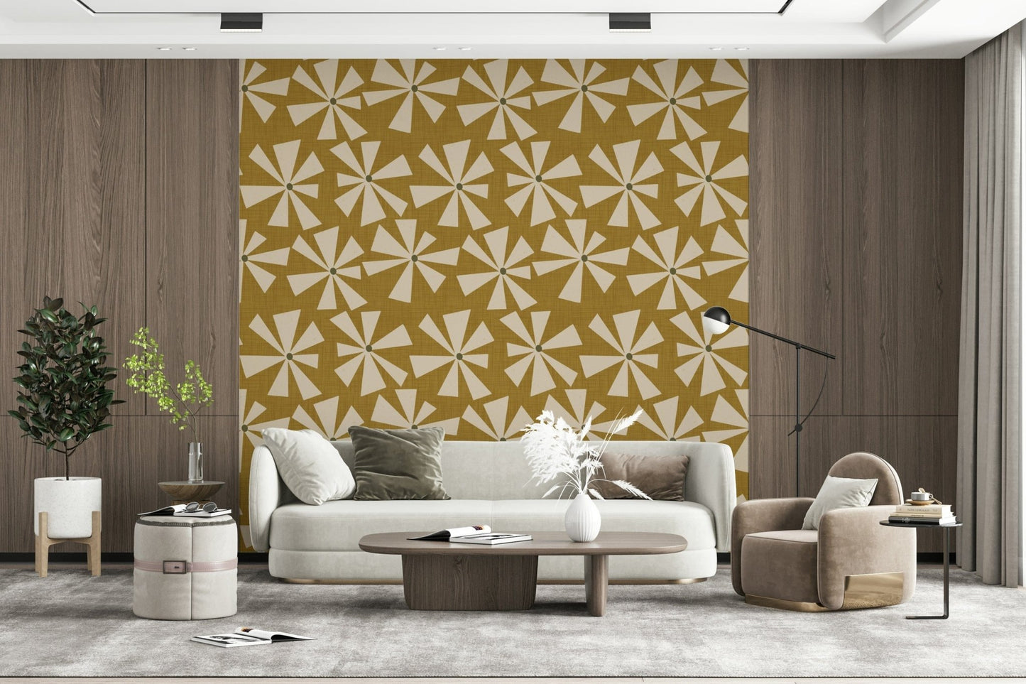 Verdant Retro Sunburst Bloom Wallpaper, tessellated graphic, mural joy.