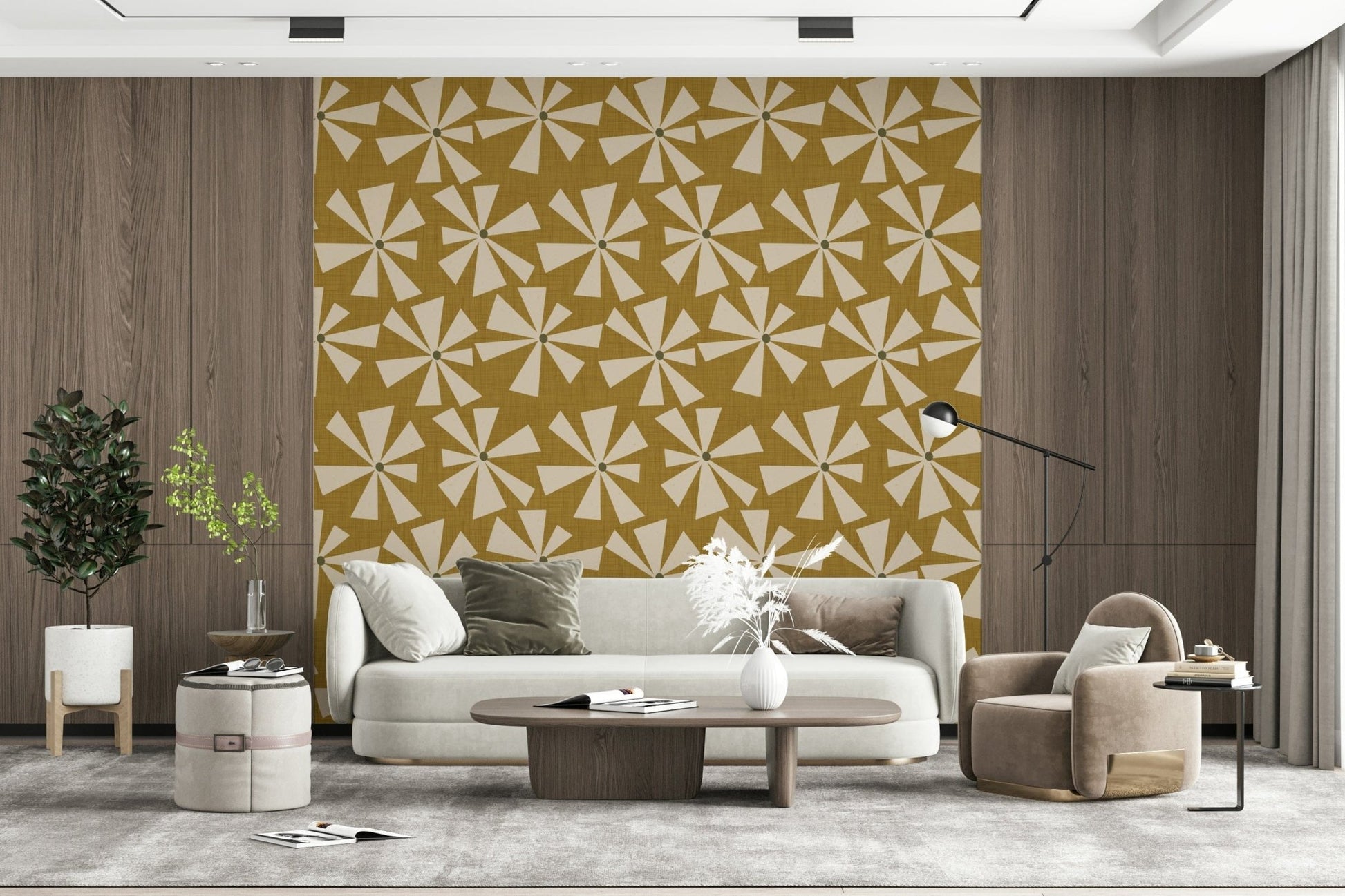 Verdant Retro Sunburst Bloom Wallpaper, tessellated graphic, mural joy.