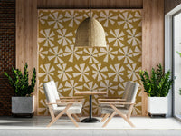 Golden Retro Sunburst Bloom, geometric floret wall mural, jazzy design.