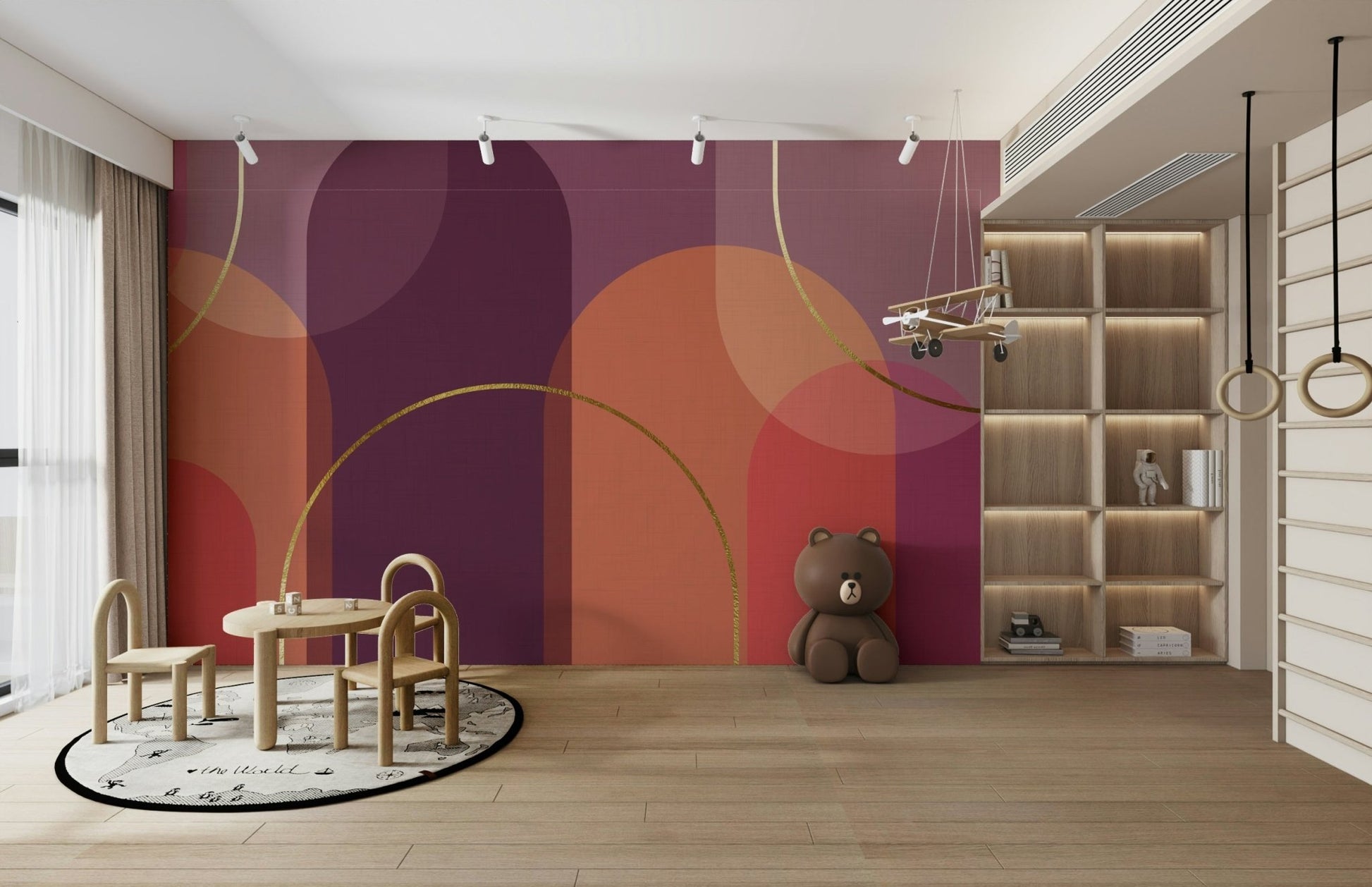 A bedroom decorated with a warm, curved mural

