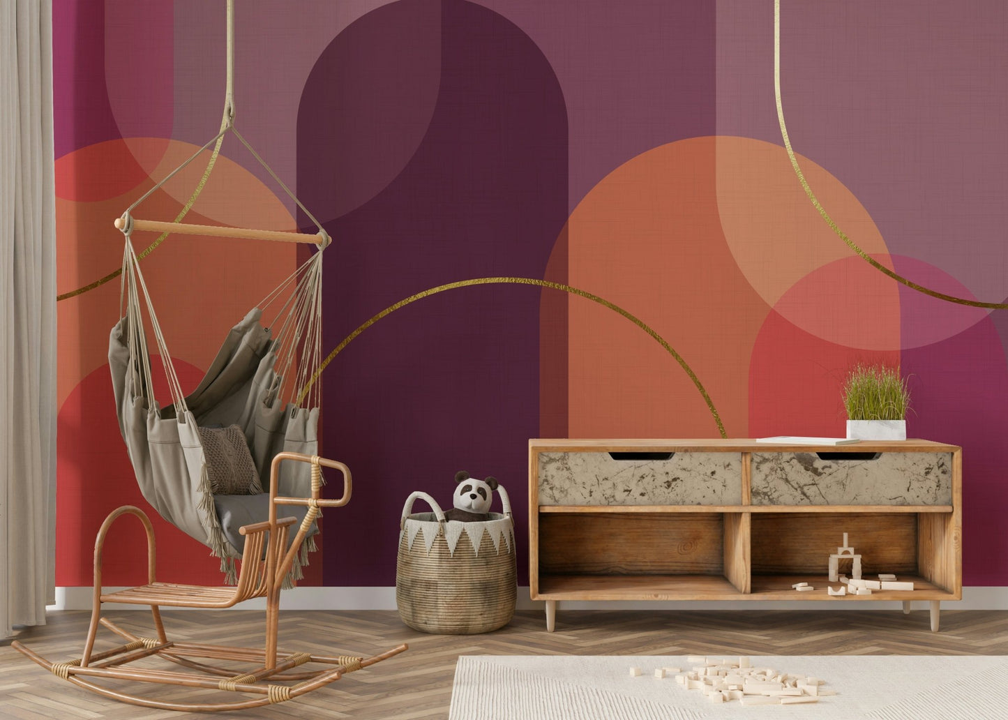 Retro Sunset Curves Wall Mural in a living room

