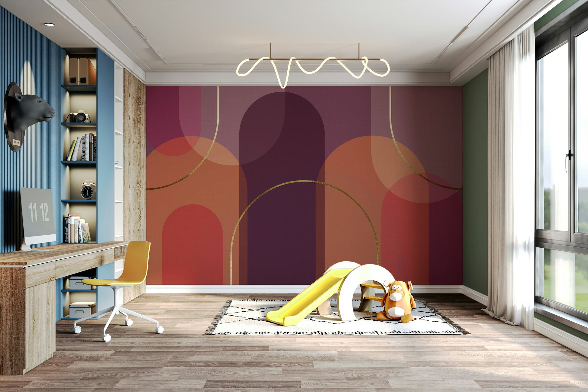 An angled shot of a wall with abstract, wavy wallpaper

