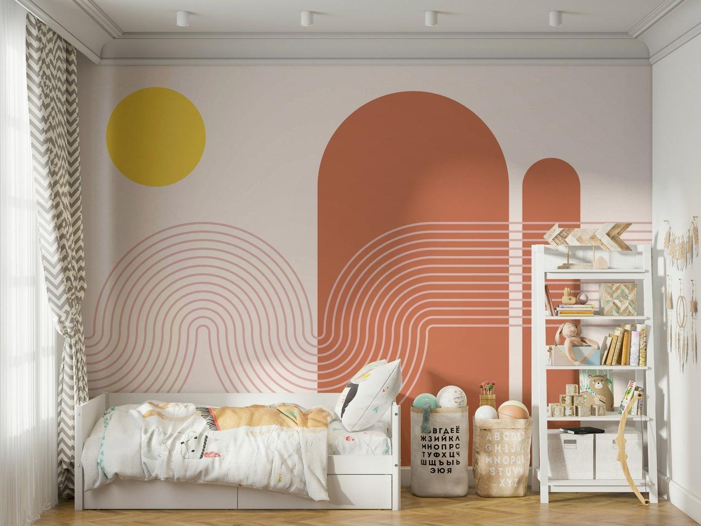 Close-up of warm curved shapes mural

