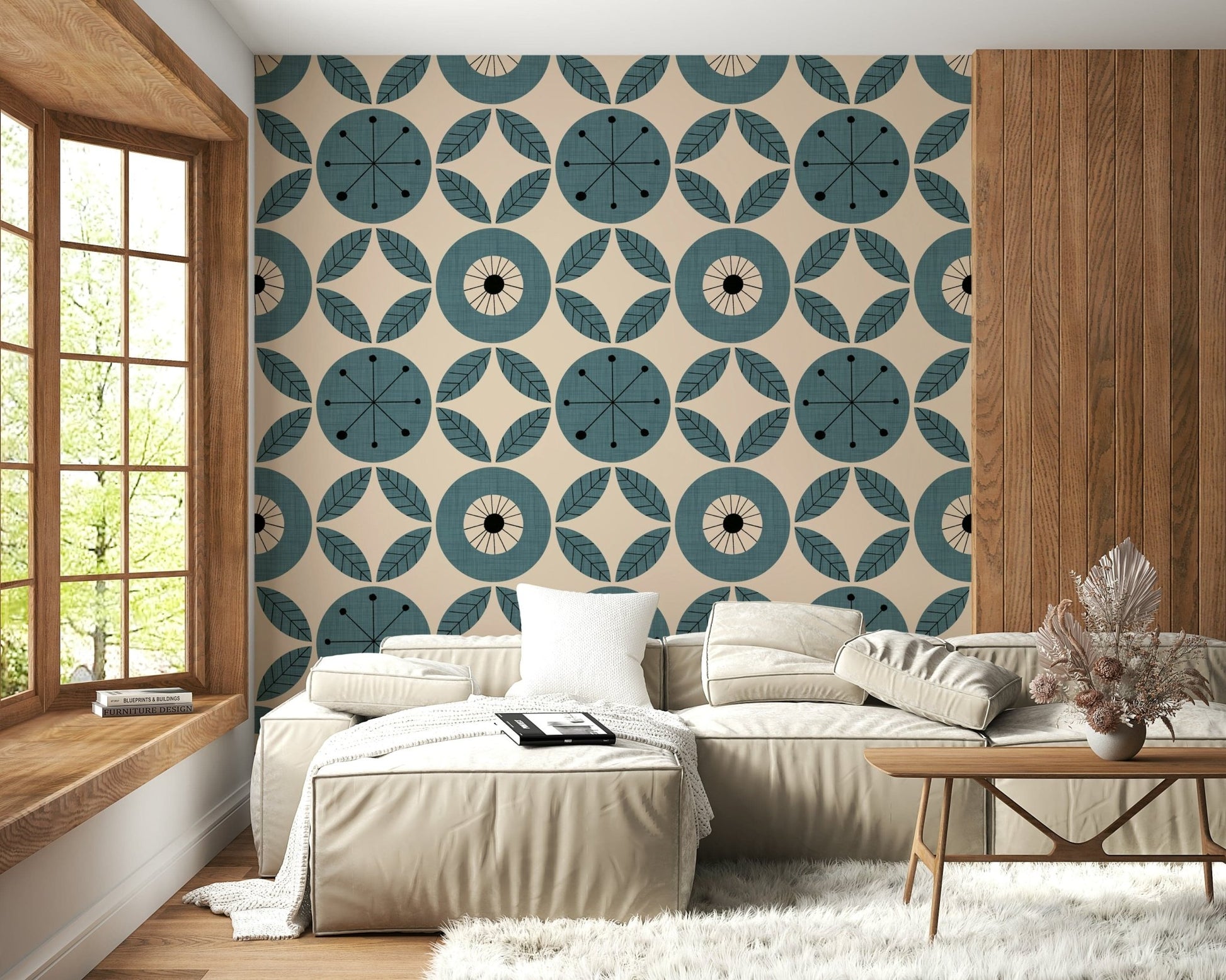 Striking teal and beige print, Retro Teal Harmony wallpaper.