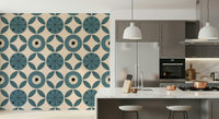 Abstract floral motif, Retro Teal Harmony Wallpaper.