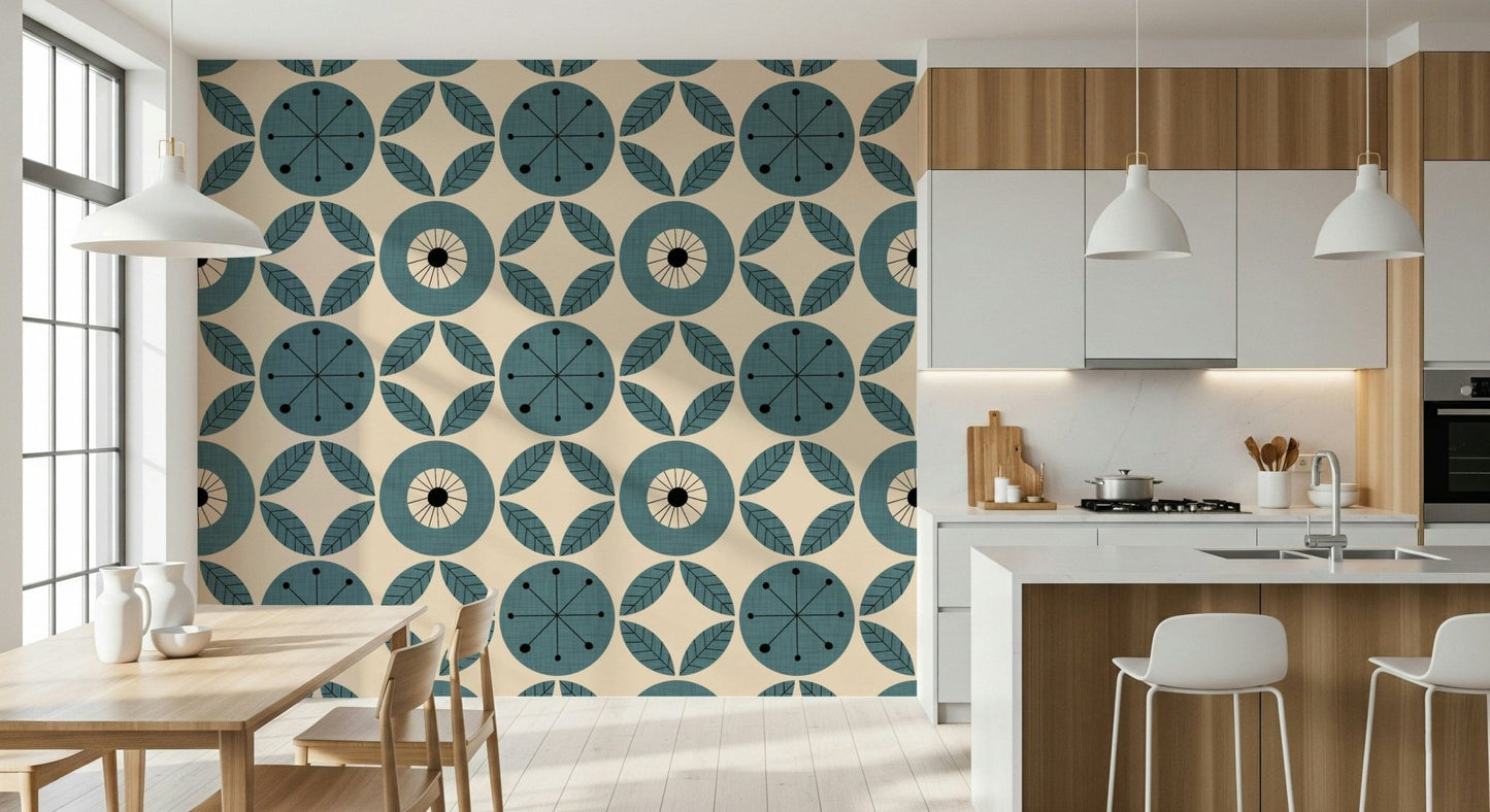 Retro Teal Harmony Wallpaper repeating teal leaf pattern.