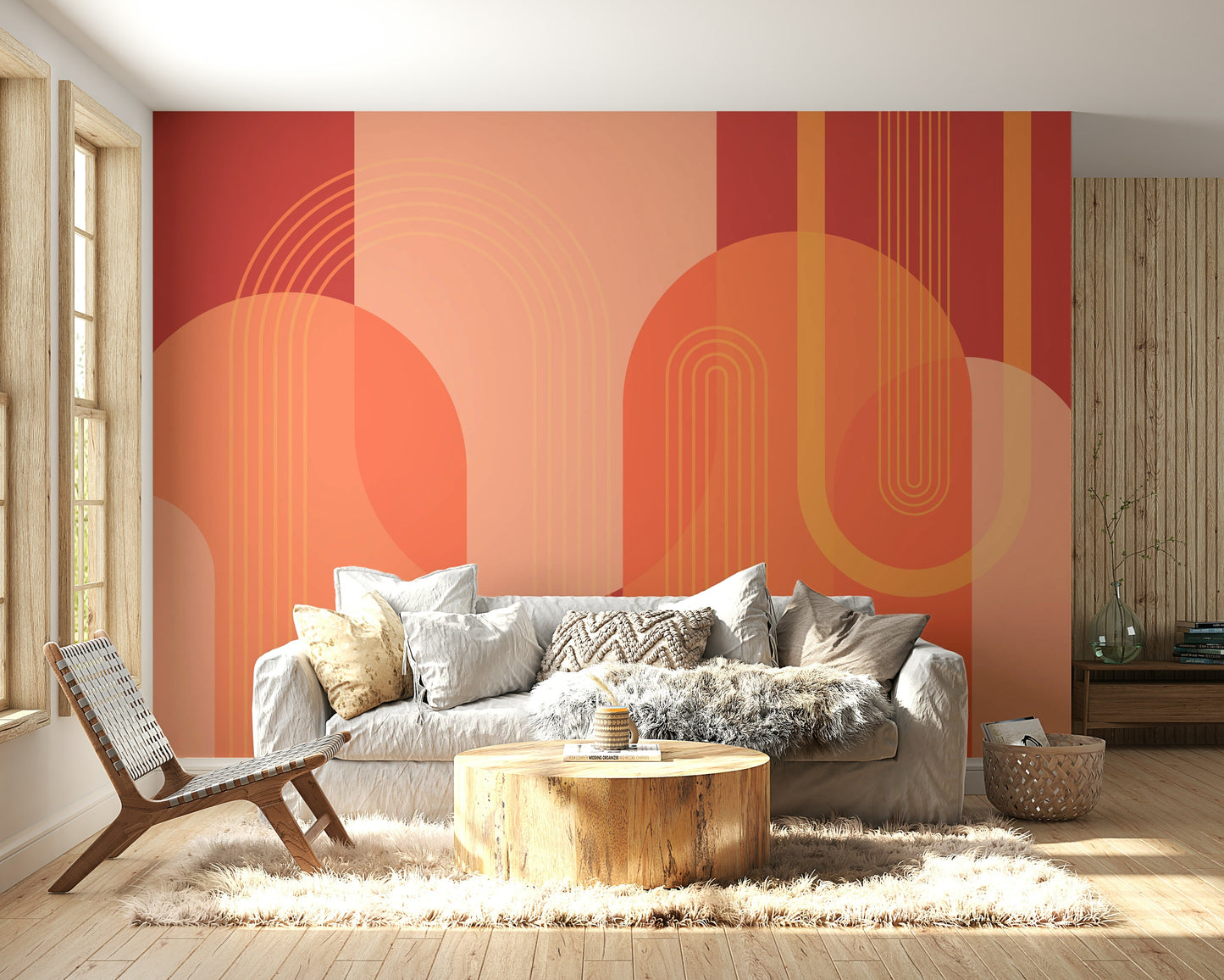 The colors are soft, muted tones of terracotta, beige, and gray.

