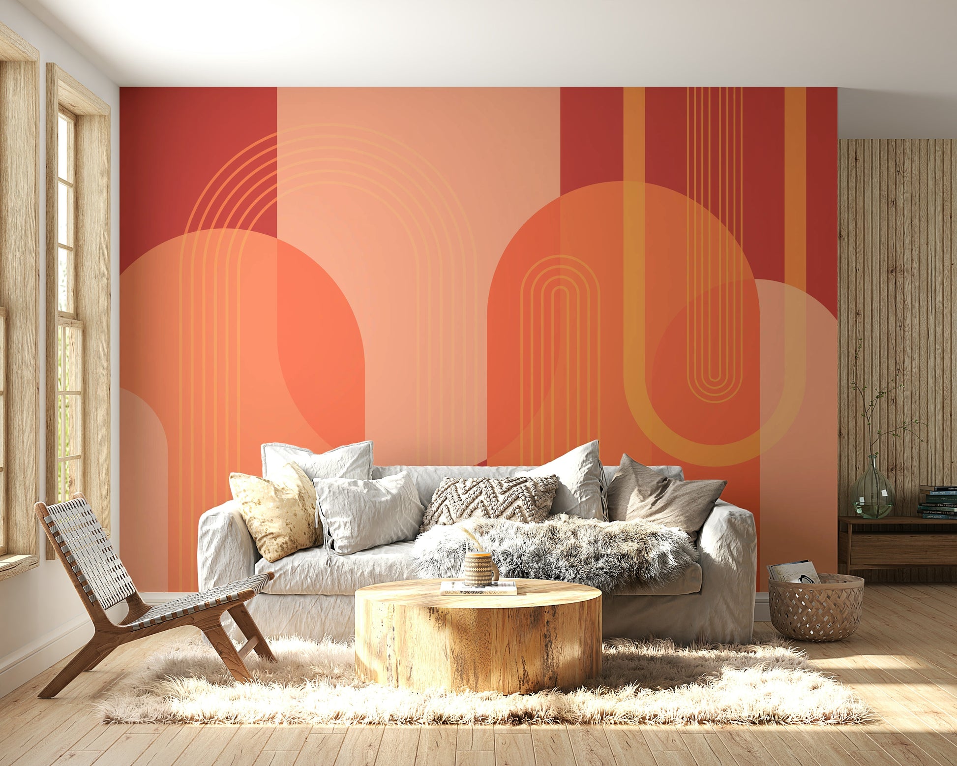 The colors are soft, muted tones of terracotta, beige, and gray.

