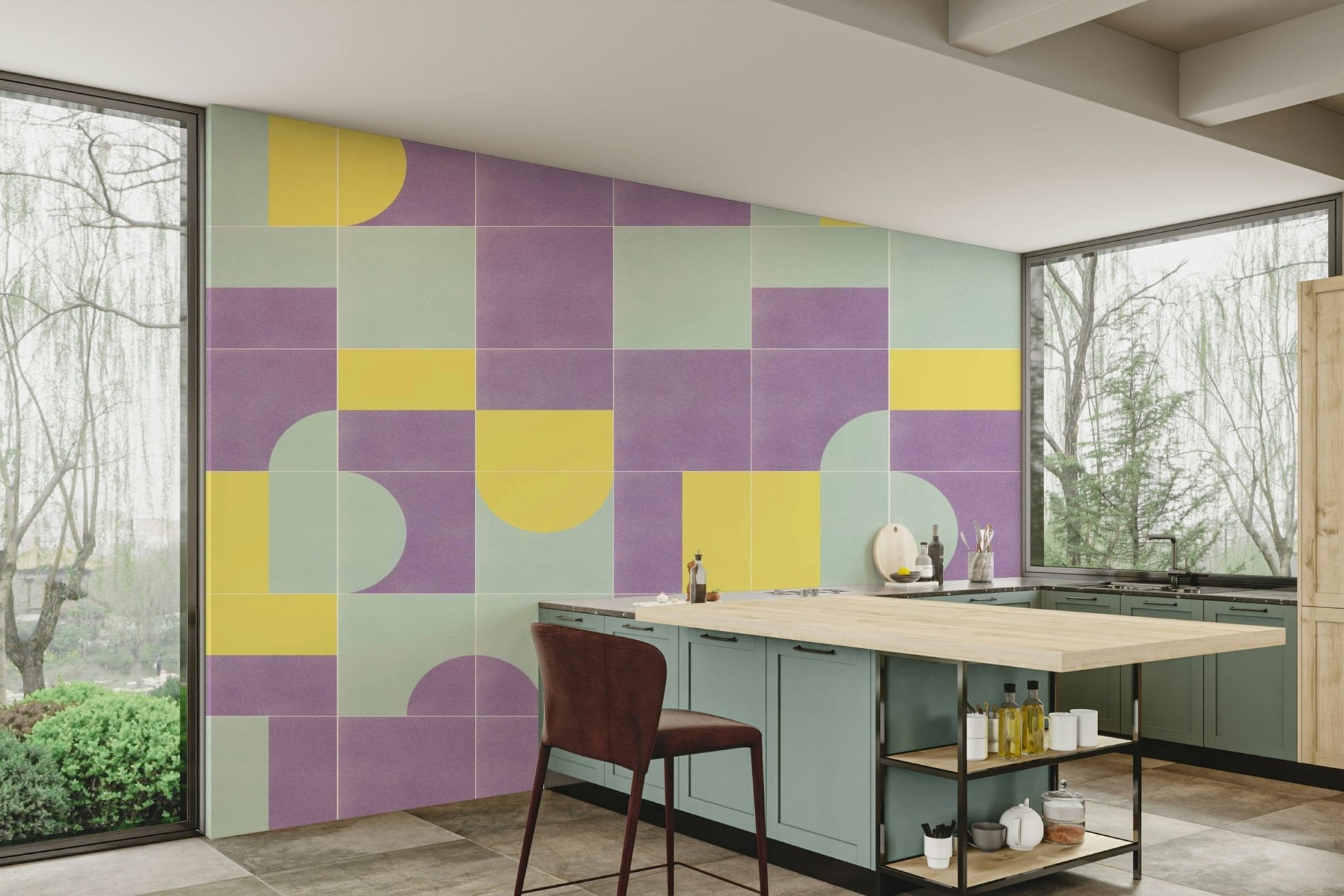 Entryway styled with tile print wall mural

