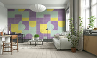 Aged tile mural wallpaper with muted colors

