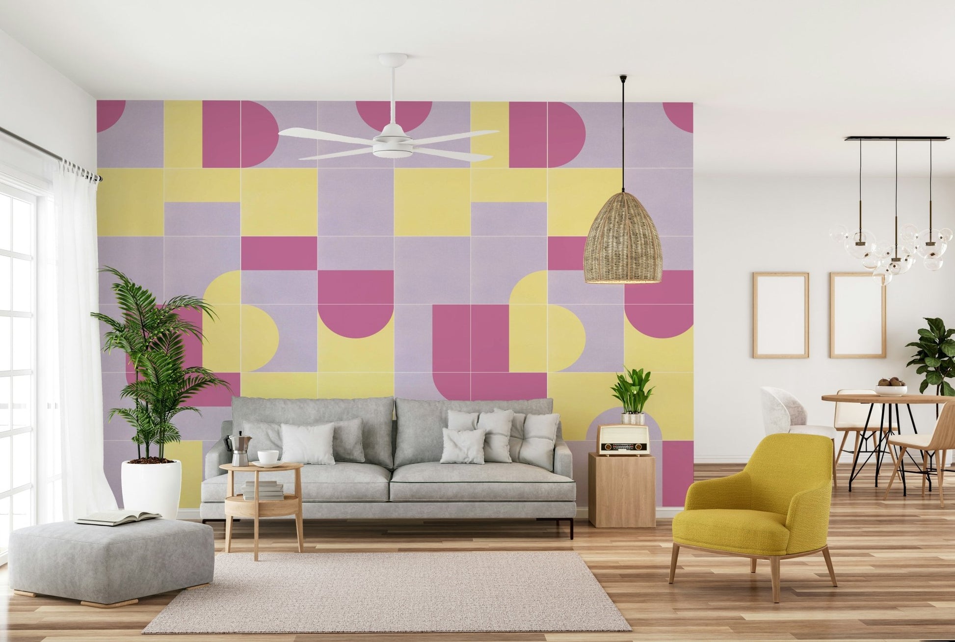 Dining nook with vintage tile wall mural

