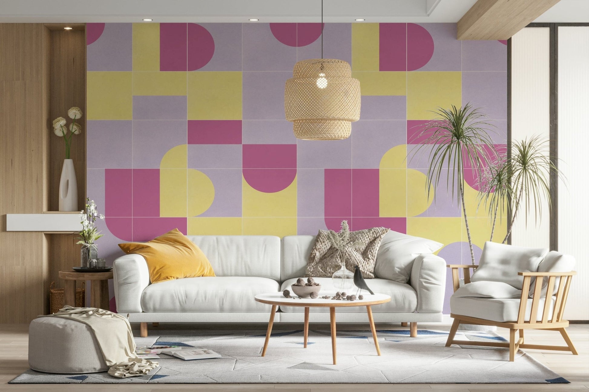 Neutral tile design on vintage mural wallpaper
