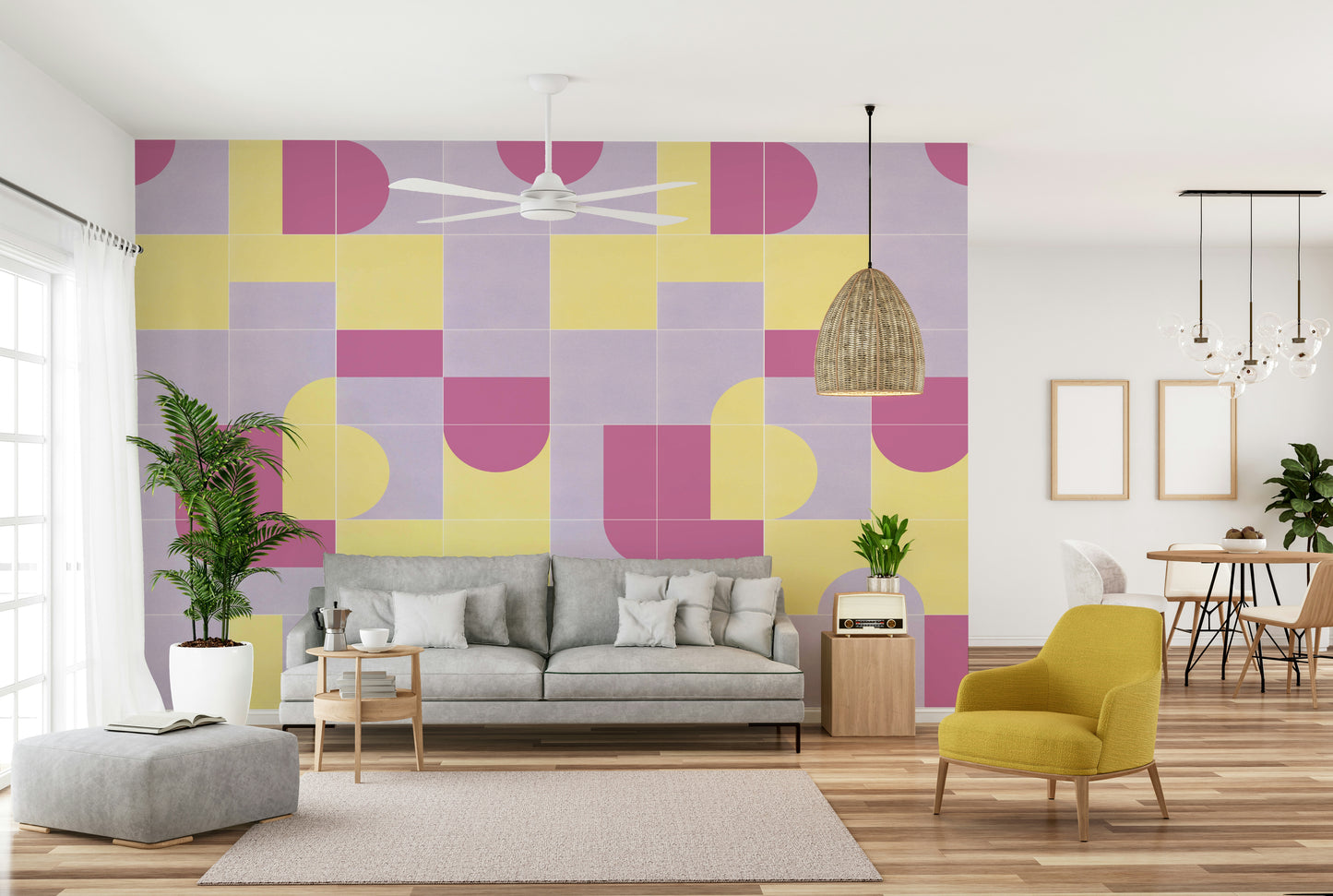 Dining nook with vintage tile wall mural

