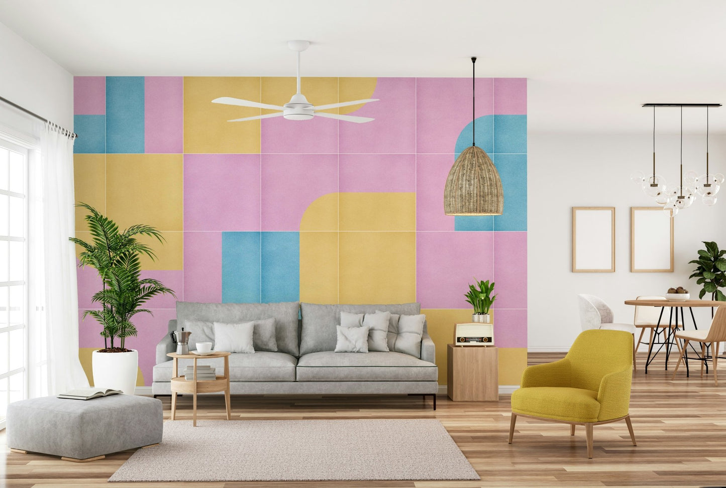 Soft tile wallpaper in kitchen space

