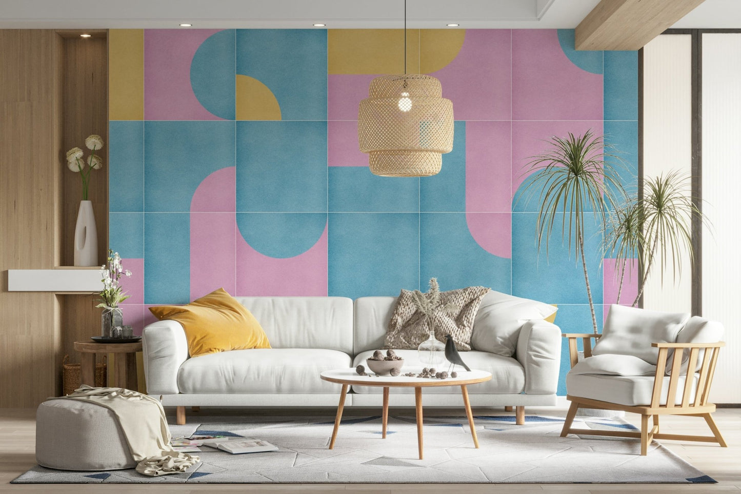 Calm kitchen style with retro tile wallpaper

