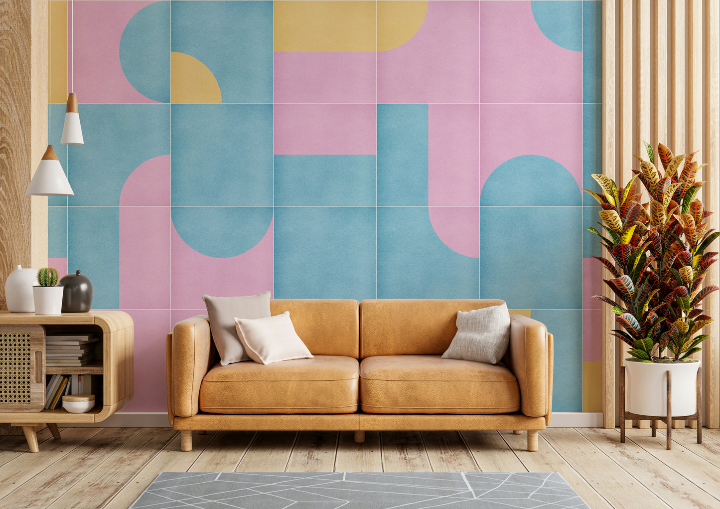 Rustic wall space with retro mural design

