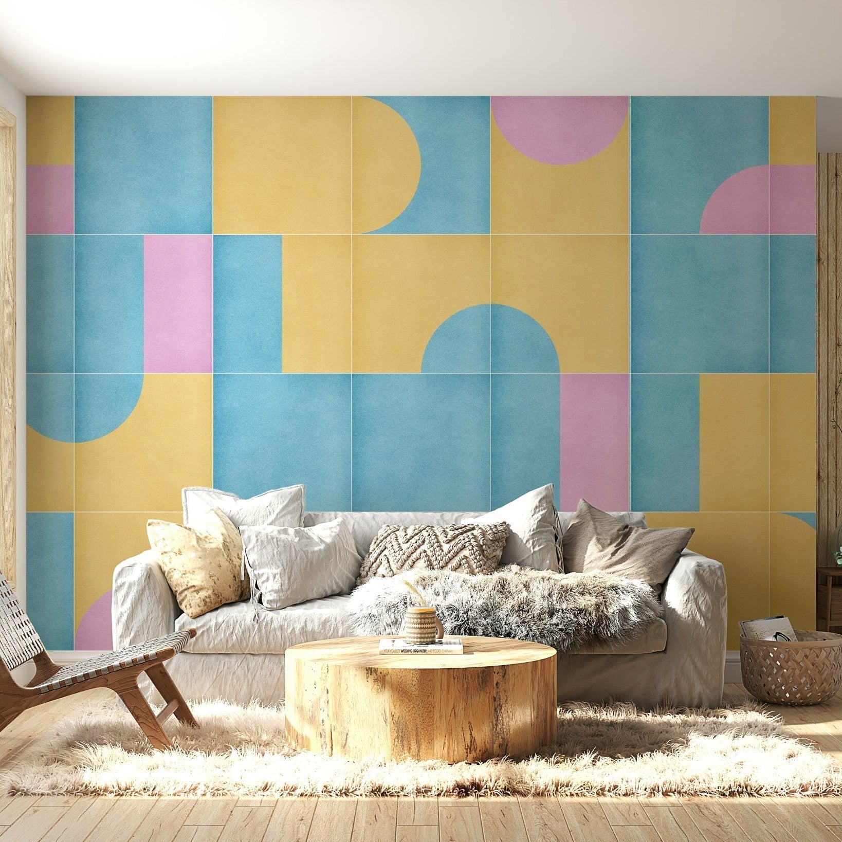 Entryway with tile-style mural wallpaper, GD2592