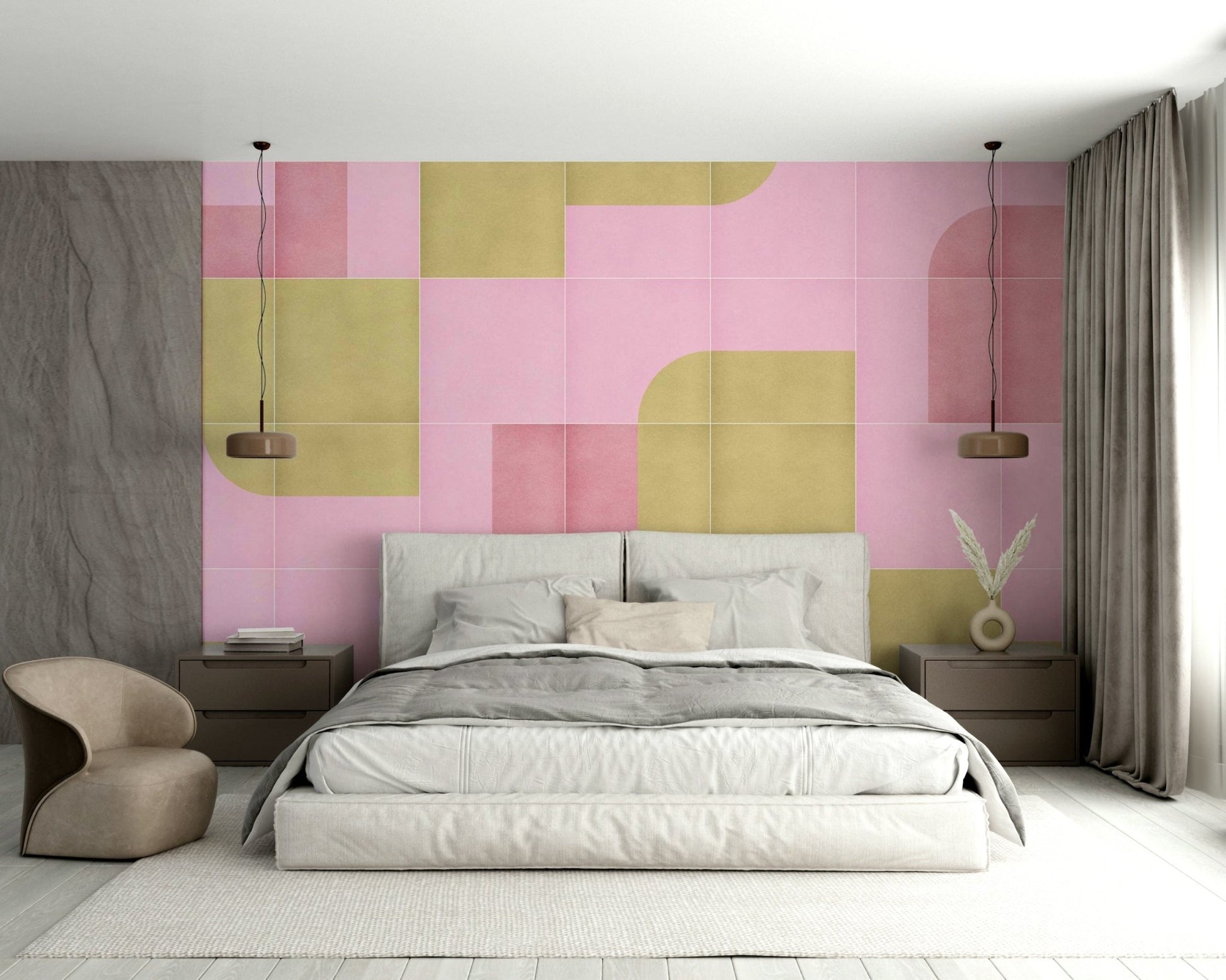 Neutral color wall mural with tile patterns
