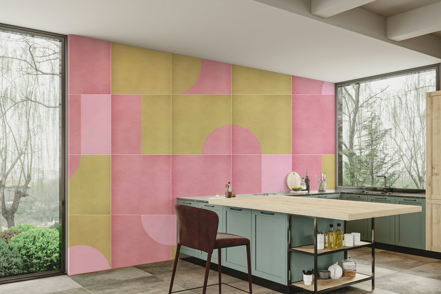Repeating geometric mural wallpaper design

