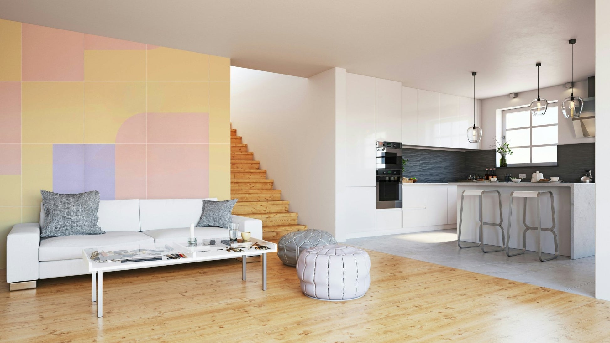 Kitchen wall with bold tile mural
