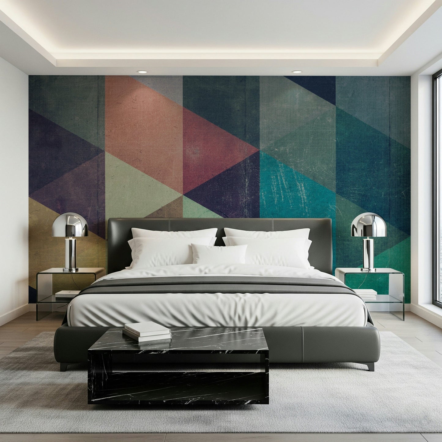 Full living room wall featuring the vibrant geometric wallpaper.