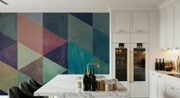 Close-up on the abstract triangle shapes of the Retro Fusion mural.