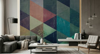 Home bar area showcasing the colorful geometric fusion wallpaper mural.