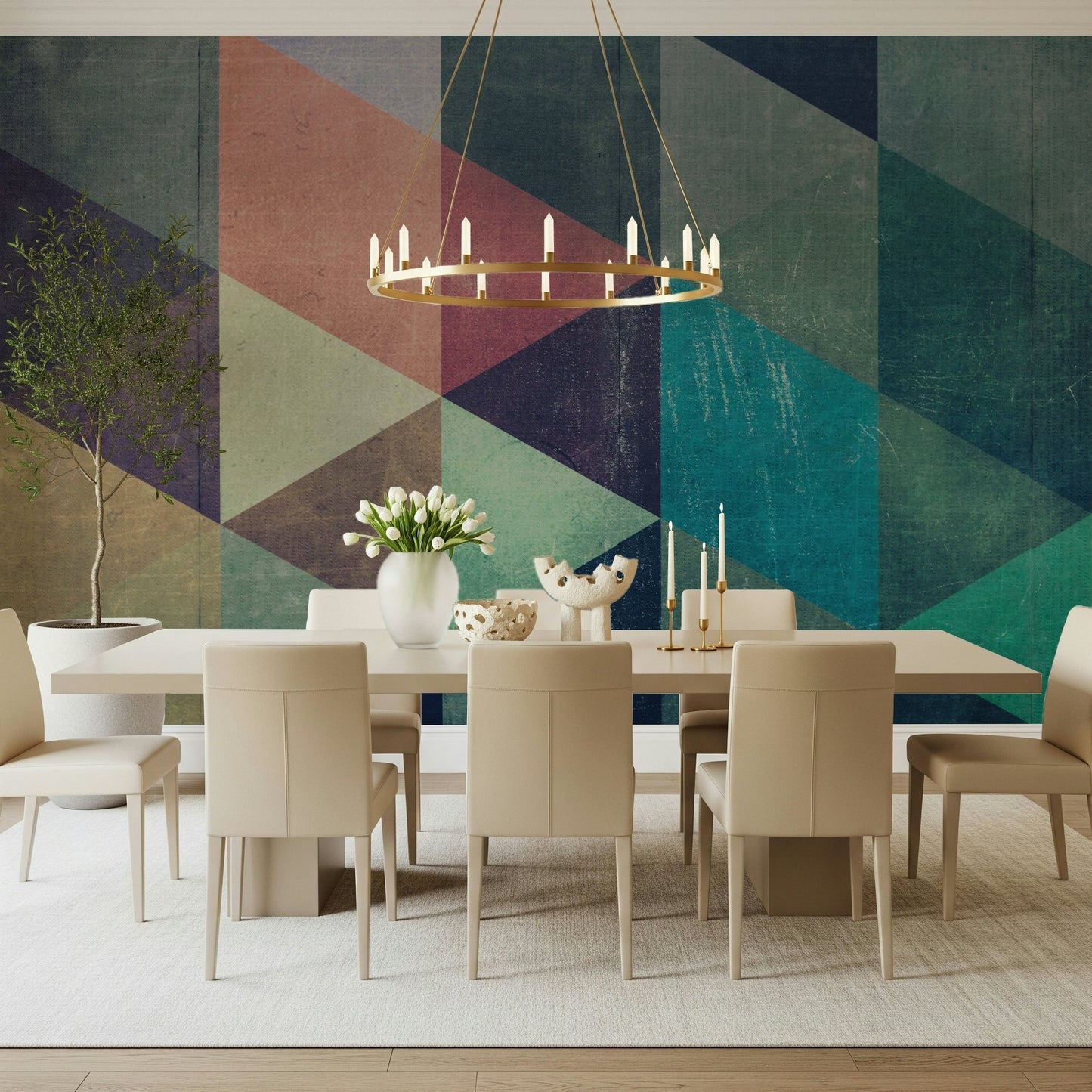 Interlocking geometric shapes of the Retro Triangle Fusion wall mural.