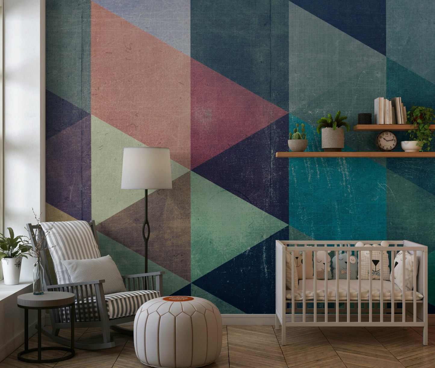 Simple installation of the peel and stick geometric triangle wallpaper.