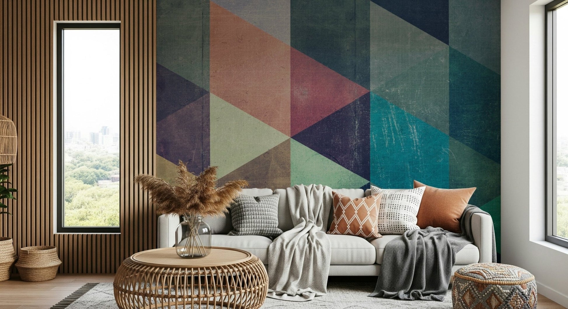 Full view of the stunning, statement Retro Triangle Fusion wallpaper.