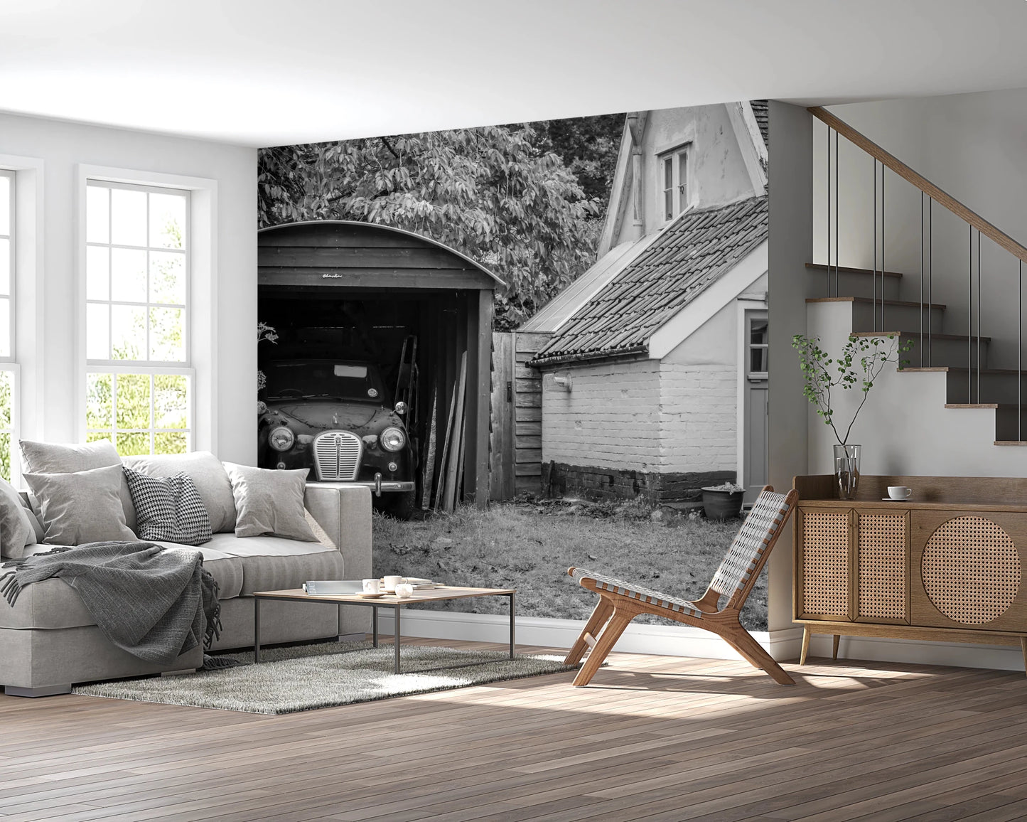 Vintage garage scene with classic car wall artwork