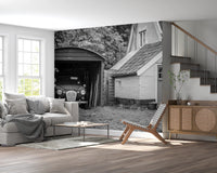 Vintage garage scene with classic car wall artwork