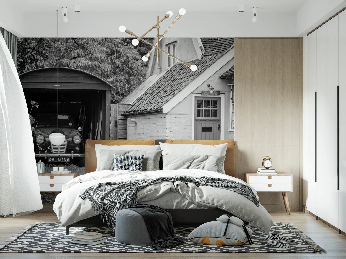 Classic retro vehicle parked in wooden shed mural