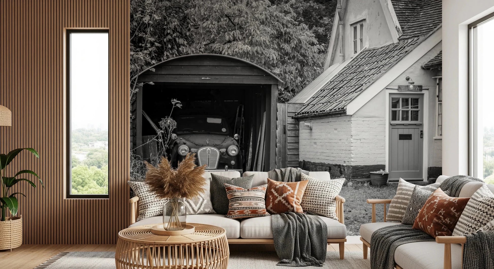 Retro automobile inside shed vintage wallpaper