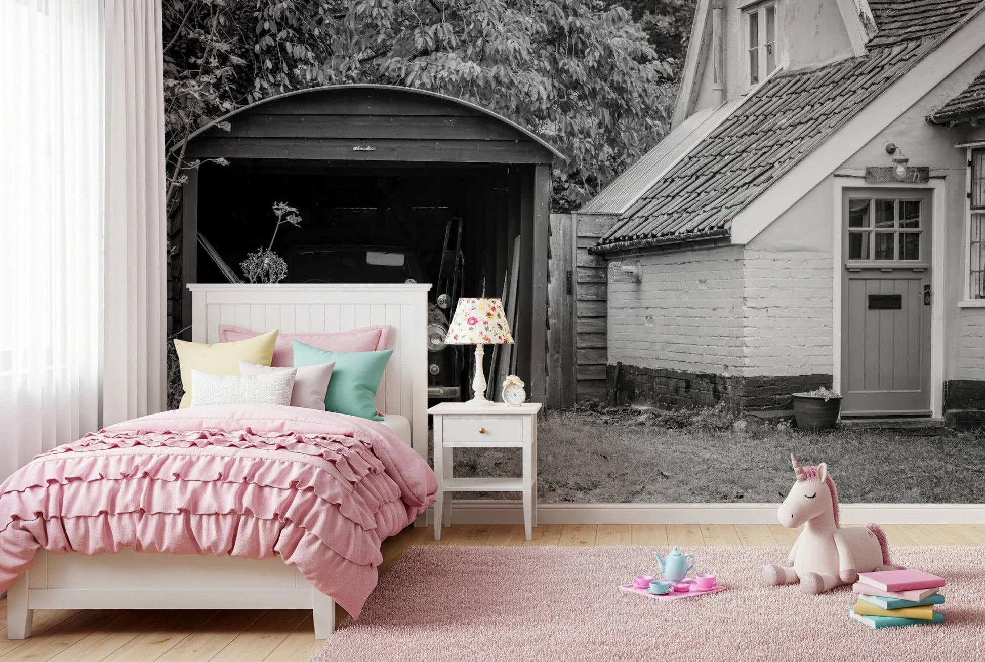Retro cottage and old car vintage wall mural design