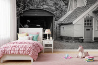 Retro cottage and old car vintage wall mural design
